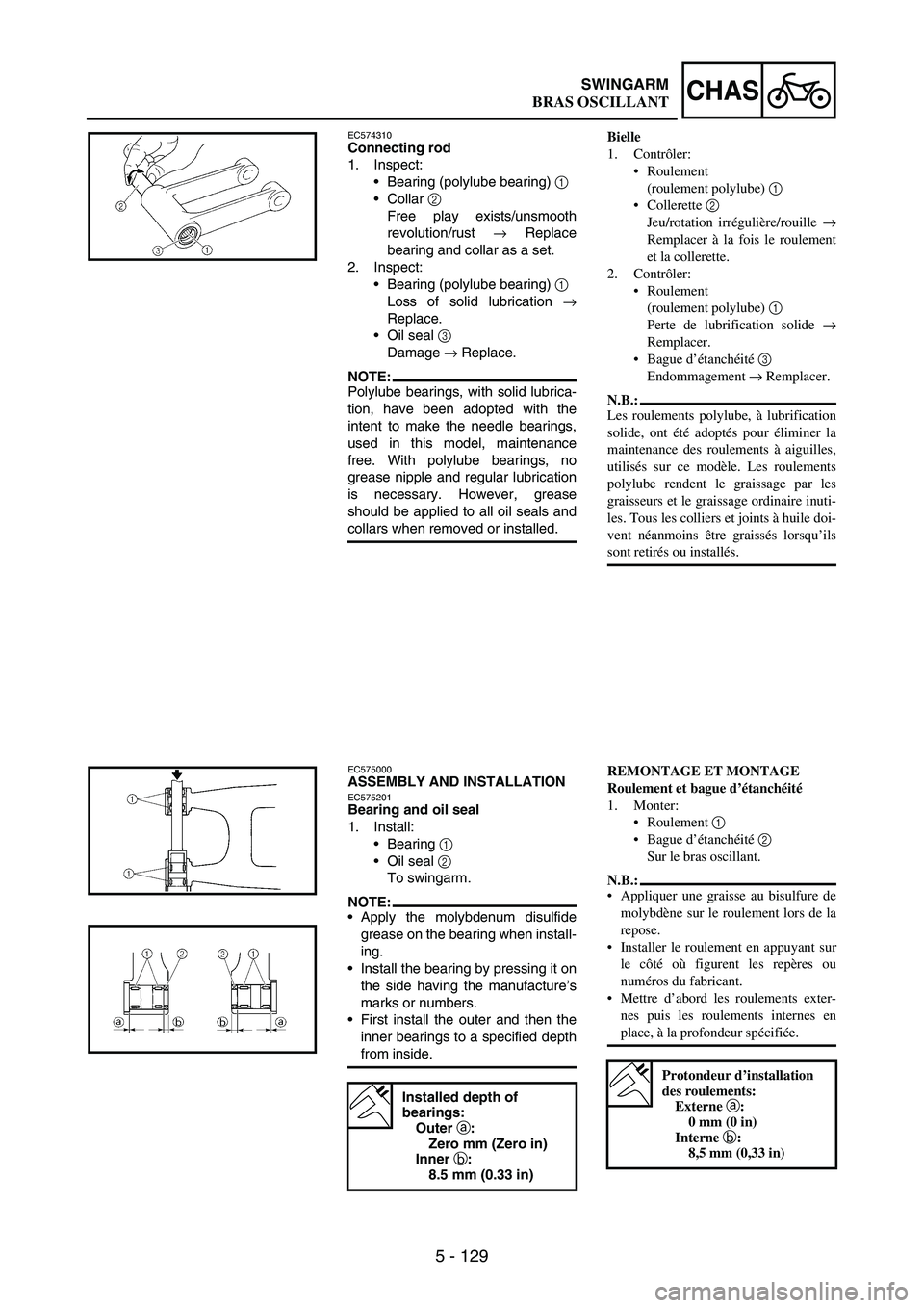 YAMAHA WR 250F 2003 Manuale duso (in Italian) 5 - 129
CHASSWINGARM
EC574310Connecting rod
1. Inspect:
Bearing (polylube bearing)
1
Collar
2
Free play exists/unsmooth
revolution/rust
→ Replace
bearing and collar as a set.
2. Inspect:
Bea YAMAHA WR 250F 2003 Manuale duso (in Italian) 5 - 129
CHASSWINGARM
EC574310Connecting rod
1. Inspect:
Bearing (polylube bearing)
1
Collar
2
Free play exists/unsmooth
revolution/rust
→ Replace
bearing and collar as a set.
2. Inspect:
Bea