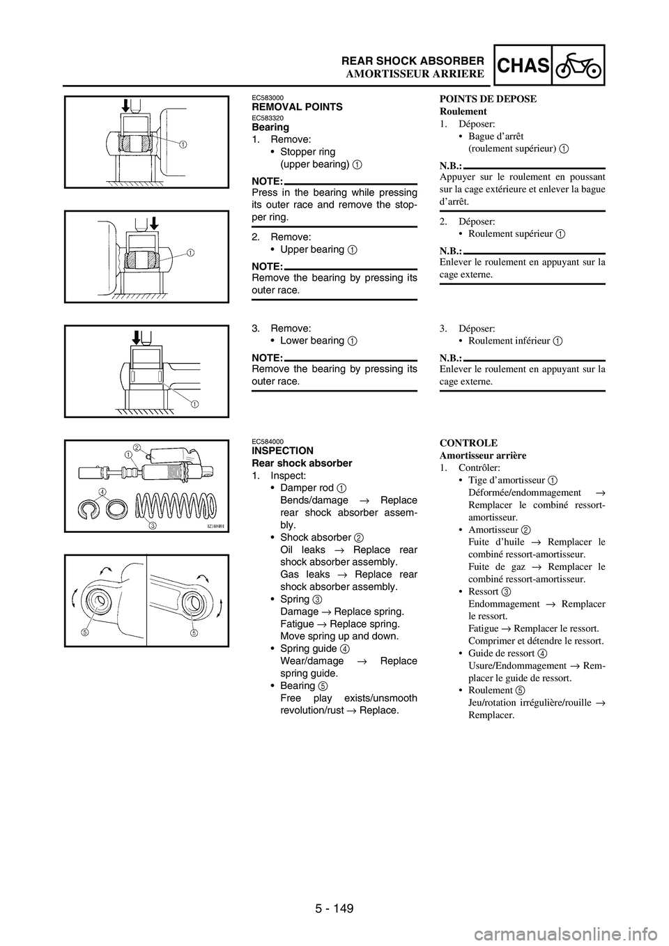 YAMAHA WR 250F 2003 Manuale duso (in Italian) 5 - 149
CHASREAR SHOCK ABSORBER
EC583000REMOVAL POINTSEC583320Bearing
1. Remove:
Stopper ring
(upper bearing)
1
NOTE:Press in the bearing while pressing
its outer race and remove the stop-
per rin YAMAHA WR 250F 2003 Manuale duso (in Italian) 5 - 149
CHASREAR SHOCK ABSORBER
EC583000REMOVAL POINTSEC583320Bearing
1. Remove:
Stopper ring
(upper bearing)
1
NOTE:Press in the bearing while pressing
its outer race and remove the stop-
per rin