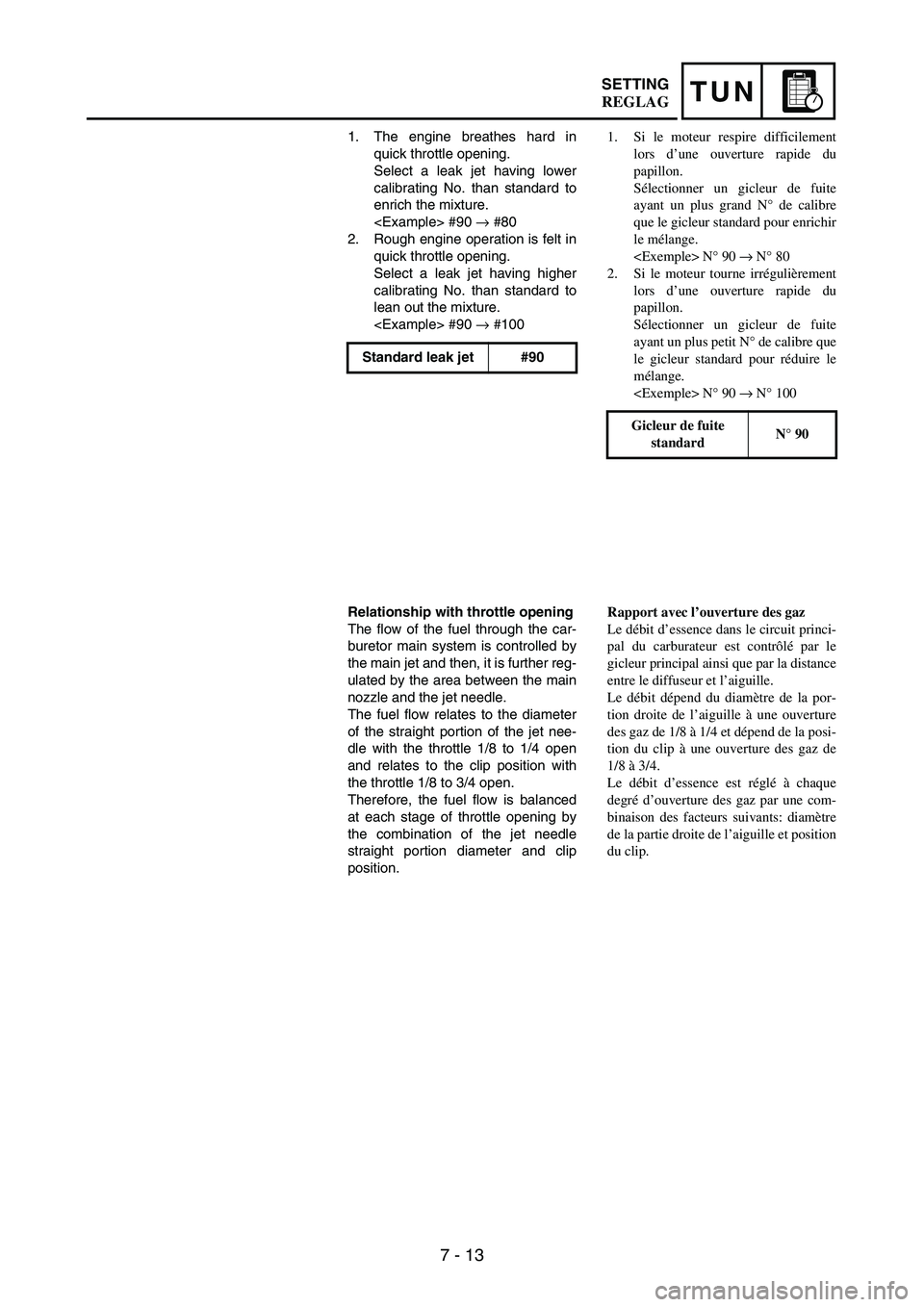 YAMAHA WR 250F 2003 Manuale duso (in Italian) 7 - 13
TUNSETTING
1. The engine breathes hard in
quick throttle opening.
Select a leak jet having lower
calibrating No. than standard to
enrich the mixture.
<Example> #90
→ #80
2. Rough engine oper YAMAHA WR 250F 2003 Manuale duso (in Italian) 7 - 13
TUNSETTING
1. The engine breathes hard in
quick throttle opening.
Select a leak jet having lower
calibrating No. than standard to
enrich the mixture.
<Example> #90
→ #80
2. Rough engine oper