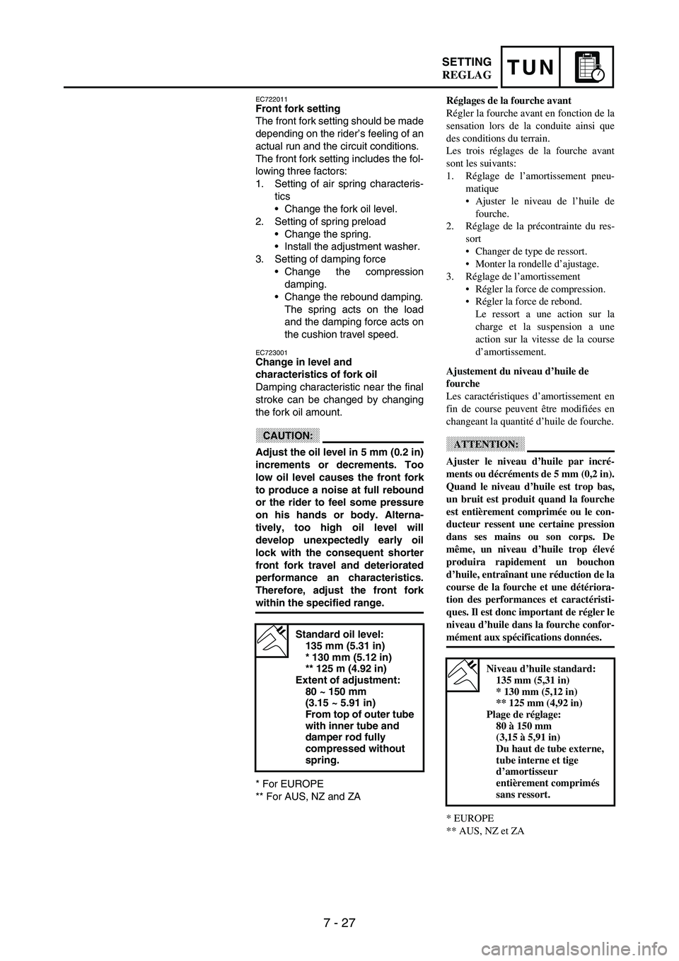 YAMAHA WR 250F 2003 Manuale duso (in Italian) 7 - 27
TUNSETTING
EC722011Front fork setting
The front fork setting should be made
depending on the rider’s feeling of an
actual run and the circuit conditions.
The front fork setting includes the f YAMAHA WR 250F 2003 Manuale duso (in Italian) 7 - 27
TUNSETTING
EC722011Front fork setting
The front fork setting should be made
depending on the rider’s feeling of an
actual run and the circuit conditions.
The front fork setting includes the f