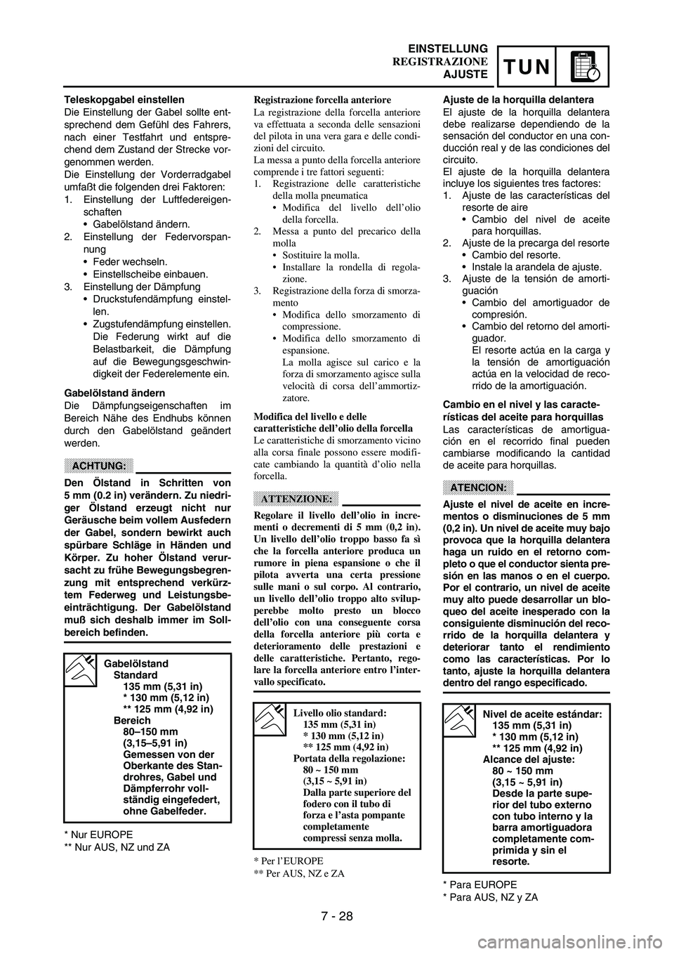 YAMAHA WR 250F 2003 Manuale duso (in Italian) 7 - 28
TUN
Teleskopgabel einstellen
Die Einstellung der Gabel sollte ent-
sprechend dem Gefühl des Fahrers,
nach einer Testfahrt und entspre-
chend dem Zustand der Strecke vor-
genommen werden.
Die E YAMAHA WR 250F 2003 Manuale duso (in Italian) 7 - 28
TUN
Teleskopgabel einstellen
Die Einstellung der Gabel sollte ent-
sprechend dem Gefühl des Fahrers,
nach einer Testfahrt und entspre-
chend dem Zustand der Strecke vor-
genommen werden.
Die E