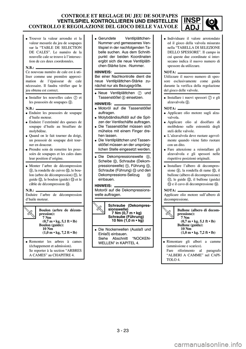 YAMAHA WR 250F 2002  Owners Manual INSP
ADJ
Gerundete Ventilplättchen-
Nummer und gemessenes Ven-
tilspiel in der nachfolgenden Ta-
belle suchen. Aus dem Schnitt-
punkt der beiden Koordinaten
ergibt sich die neue Ventilplätt-
chen-S