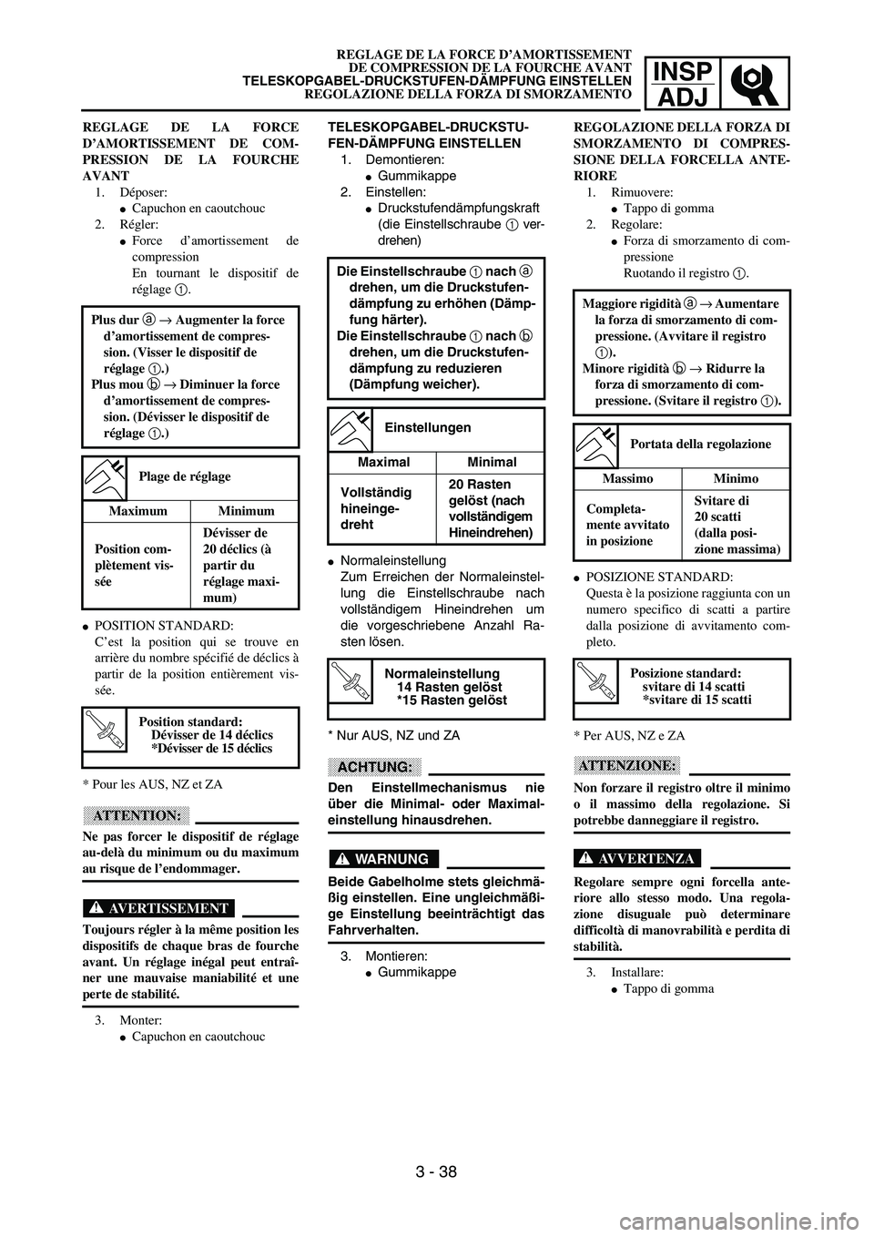 YAMAHA WR 250F 2002  Owners Manual INSP
ADJ
REGLAGE DE LA FORCE D’AMORTISSEMENT
DE COMPRESSION DE LA FOURCHE AVANT
TELESKOPGABEL-DRUCKSTUFEN-DÄMPFUNG EINSTELLEN
REGOLAZIONE DELLA FORZA DI SMORZAMENTO
TELESKOPGABEL-DRUCKSTU-
FEN-DÄM