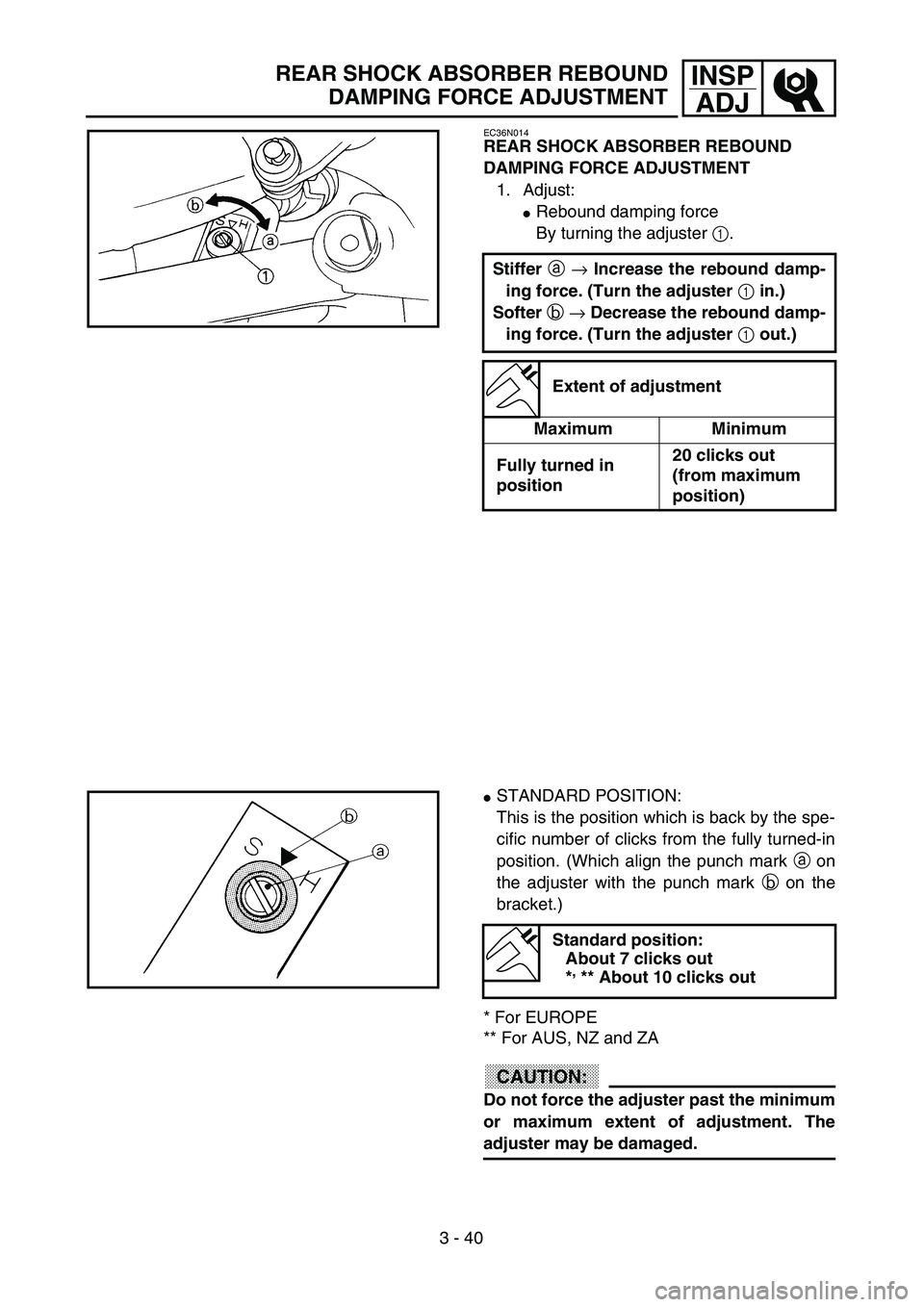 YAMAHA WR 250F 2002  Owners Manual 3 - 40
INSP
ADJREAR SHOCK ABSORBER REBOUND
DAMPING FORCE ADJUSTMENT
EC36N014
REAR SHOCK ABSORBER REBOUND 
DAMPING FORCE ADJUSTMENT
1. Adjust:
Rebound damping force
By turning the adjuster 1.
Stiffer 