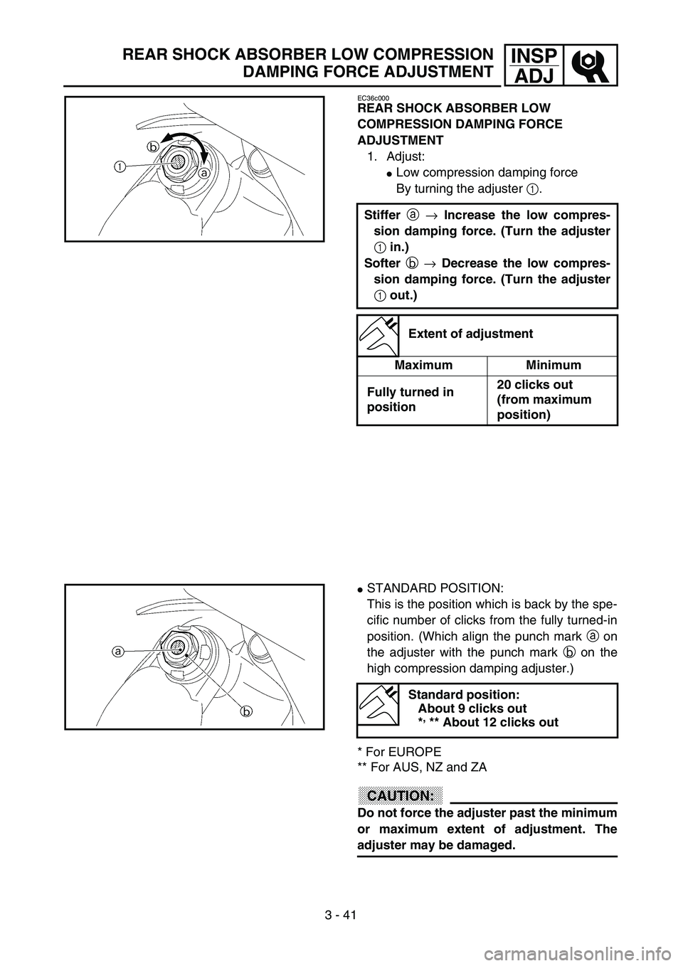 YAMAHA WR 250F 2002  Owners Manual 3 - 41
INSP
ADJREAR SHOCK ABSORBER LOW COMPRESSION
DAMPING FORCE ADJUSTMENT
EC36c000
REAR SHOCK ABSORBER LOW 
COMPRESSION DAMPING FORCE 
ADJUSTMENT
1. Adjust:
Low compression damping force
By turning