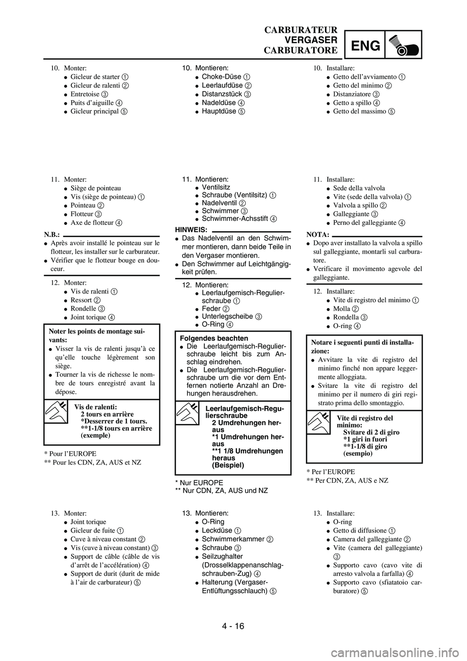YAMAHA WR 250F 2002  Owners Manual ENG
4 - 16
10. Montieren:
Choke-Düse 1 
Leerlaufdüse 2 
Distanzstück 3 
Nadeldüse 4 
Hauptdüse 5 
11. Montieren:
VentilsitzSchraube (Ventilsitz) 1 Nadelventil 2 Schwimmer 3 Schwimmer-Ac