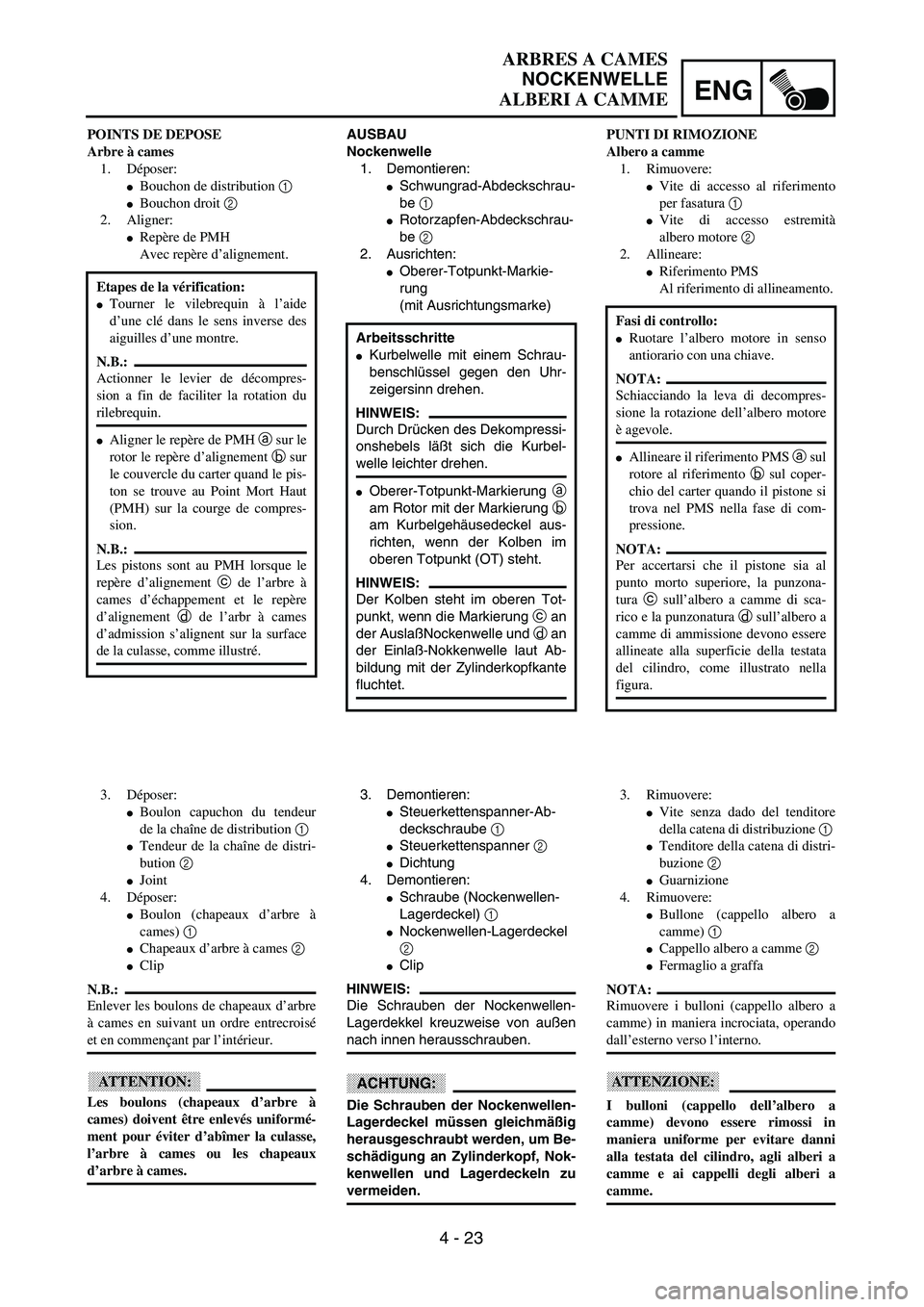YAMAHA WR 250F 2002  Owners Manual ENG
4 - 23
ARBRES A CAMES
NOCKENWELLE
ALBERI A CAMME
AUSBAU
Nockenwelle
1. Demontieren:
Schwungrad-Abdeckschrau-
be 1 
Rotorzapfen-Abdeckschrau-
be 2 
2. Ausrichten:
Oberer-Totpunkt-Markie-
rung
(m