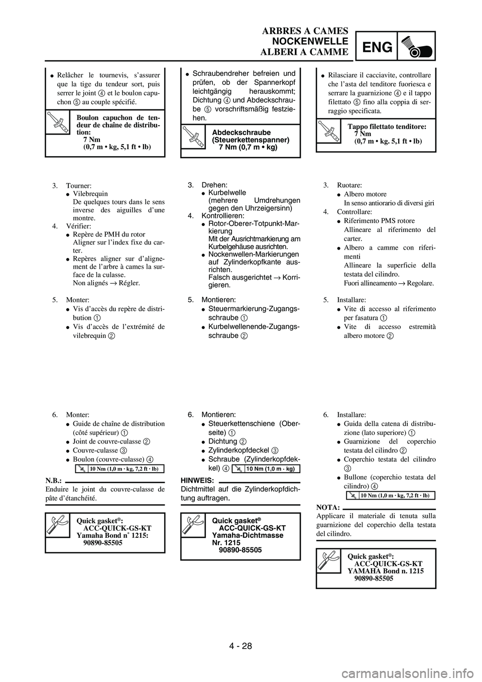 YAMAHA WR 250F 2002  Owners Manual ENG
4 - 28
Schraubendreher befreien und
prüfen, ob der Spannerkopf
leichtgängig herauskommt;
Dichtung 4 und Abdeckschrau-
be 5 vorschriftsmäßig festzie-
hen.
T R..
Abdeckschraube 
(Steuerkettensp