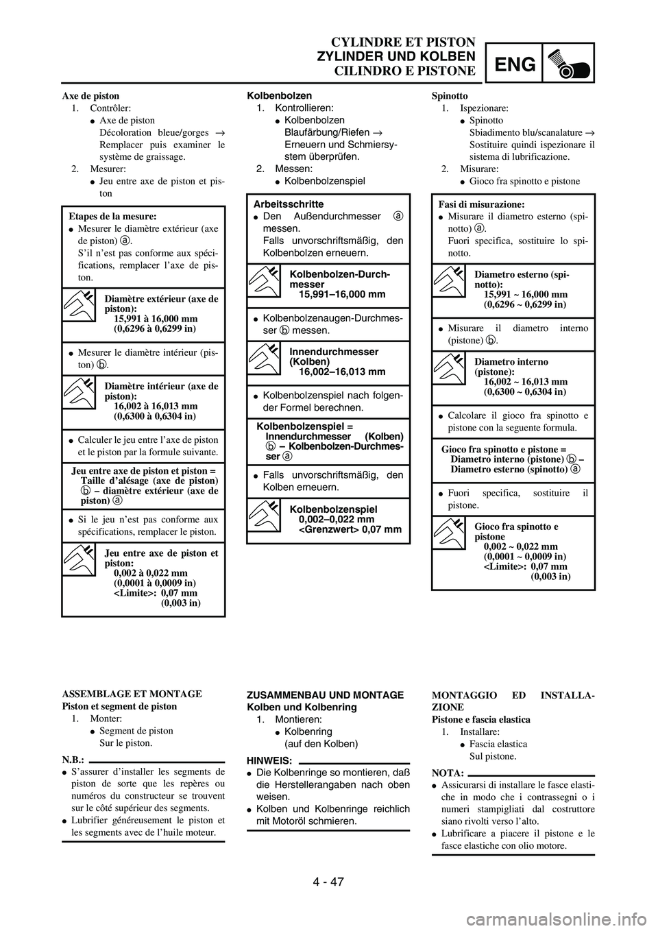 YAMAHA WR 250F 2002  Owners Manual ENG
4 - 47
CYLINDRE ET PISTON
ZYLINDER UND KOLBEN
CILINDRO E PISTONE
Kolbenbolzen
1. Kontrollieren:
Kolbenbolzen
Blaufärbung/Riefen → 
Erneuern und Schmiersy-
stem überprüfen.
2. Messen:
Kolben