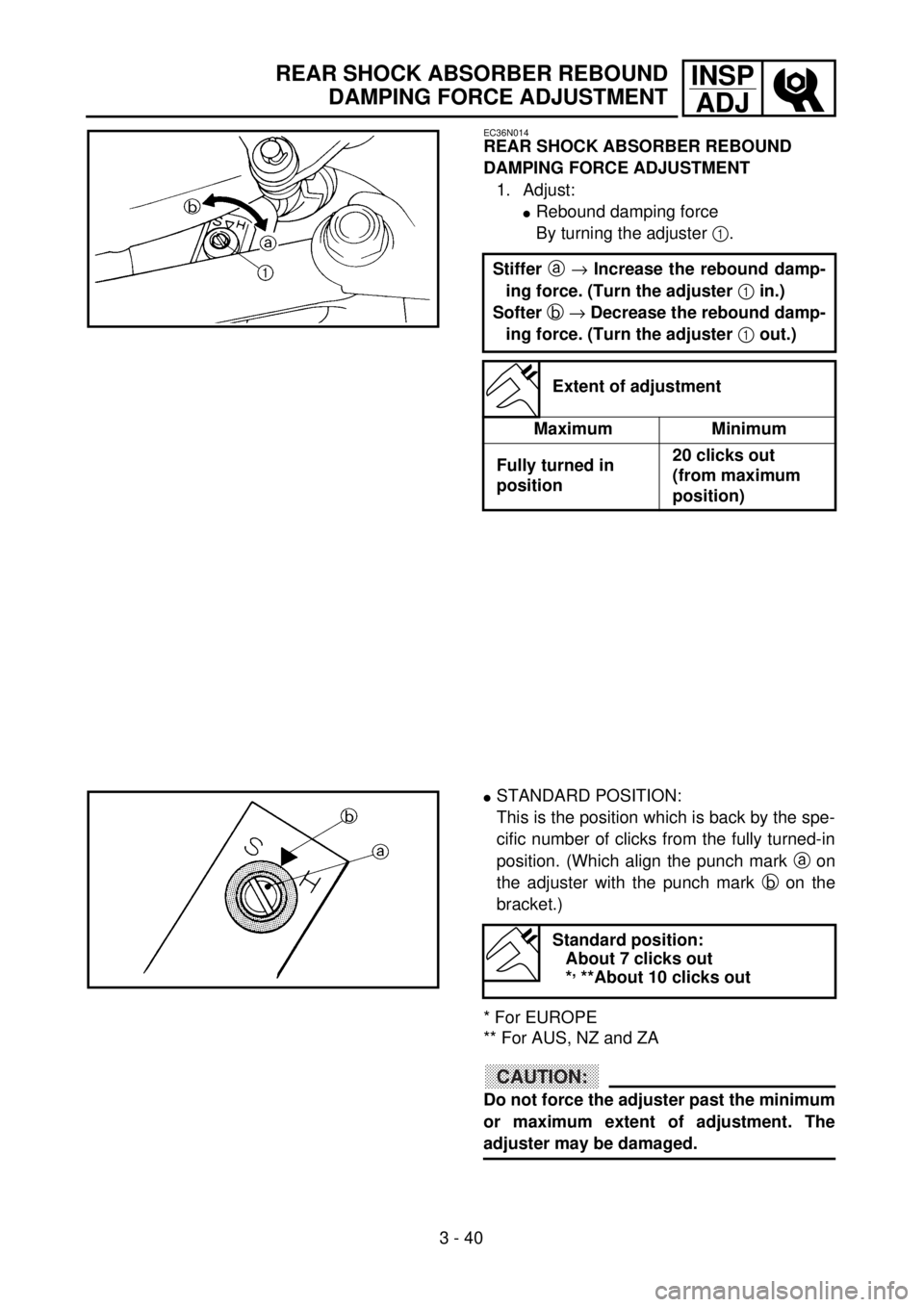 YAMAHA WR 250F 2001 Notices Demploi (in French) 3 - 40
INSP
ADJREAR SHOCK ABSORBER REBOUND
DAMPING FORCE ADJUSTMENT
EC36N014
REAR SHOCK ABSORBER REBOUND
DAMPING FORCE ADJUSTMENT
1. Adjust:
lRebound damping force
By turning the adjuster 1.
Stiffer YAMAHA WR 250F 2001 Notices Demploi (in French) 3 - 40
INSP
ADJREAR SHOCK ABSORBER REBOUND
DAMPING FORCE ADJUSTMENT
EC36N014
REAR SHOCK ABSORBER REBOUND
DAMPING FORCE ADJUSTMENT
1. Adjust:
lRebound damping force
By turning the adjuster 1.
Stiffer