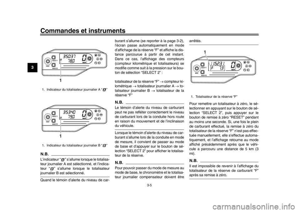 YAMAHA WR 250R 2016  Notices Demploi (in French) Commandes et instruments
3-5
1
23
4
5
6
7
8
9
10
11
12
N.B.L’indicateur “ ” s’allume lorsque le totalisa-
teur journalier A est sélectionné, et l’indica-
teur “ ” s’allume lorsque le