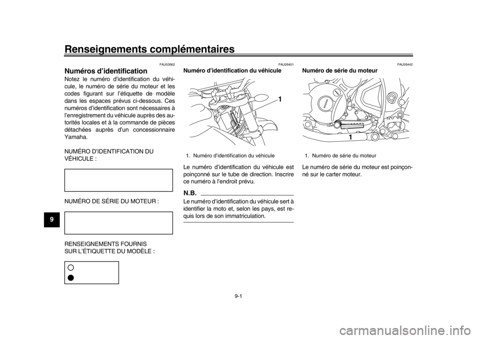 YAMAHA WR 250R 2016  Notices Demploi (in French) 9-1
1
2
3
4
5
6
7
89
10
11
12
Renseignements complémentaires
FAU53562
Numéros d’identificationNotez le numéro d’identification du véhi-
cule, le numéro de série du moteur et les
codes figura