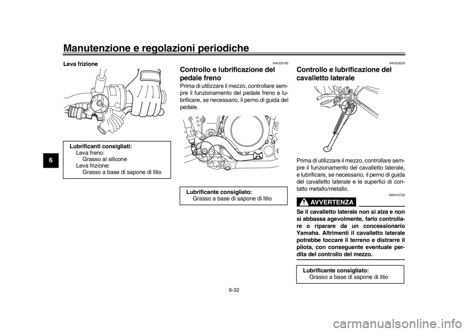 YAMAHA WR 250R 2016  Manuale duso (in Italian) Manutenzione e regolazioni periodiche
6-32
1
2
3
4
56
7
8
9
10
11
12
Leva frizione
HAU23185
Controllo e lubrificazione del 
pedale frenoPrima di utilizzare il mezzo, controllare sem-
pre il funzioname