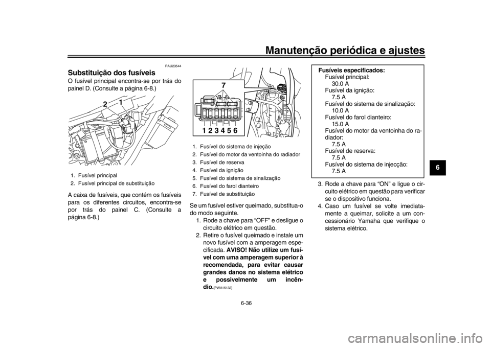 YAMAHA WR 250R 2016  Manual de utilização (in Portuguese) Manutenção periódica e ajustes
6-36
1
2
3
4
567
8
9
10
11
12
PAU23544
Substituição dos fusíveisO fusível principal encontra-se por trás do
painel D. (Consulte a página 6-8.)
A caixa de fusív