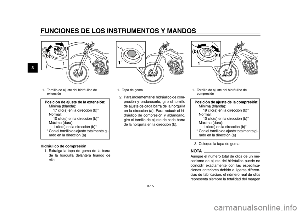 YAMAHA WR 250R 2015 Manuale de Empleo (in Spanish) FUNCIONES DE LOS INSTRUMENTOS Y MANDOS
3-15
1
23
4
5
6
7
8
9
10
11
12
Hidráulico de compresión 1. Extraiga la tapa de goma de la barra
de la horquilla delantera tirando de
ella. 2. Para incrementar YAMAHA WR 250R 2015 Manuale de Empleo (in Spanish) FUNCIONES DE LOS INSTRUMENTOS Y MANDOS
3-15
1
23
4
5
6
7
8
9
10
11
12
Hidráulico de compresión 1. Extraiga la tapa de goma de la barra
de la horquilla delantera tirando de
ella. 2. Para incrementar