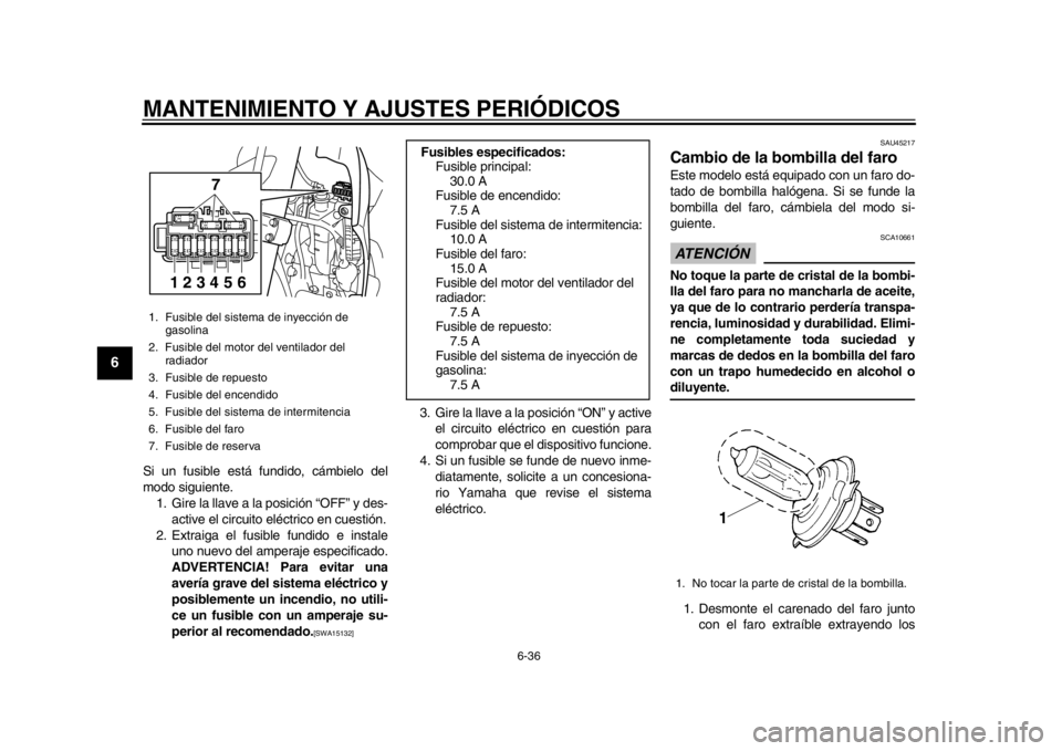 YAMAHA WR 250R 2015  Manuale de Empleo (in Spanish) MANTENIMIENTO Y AJUSTES PERIÓDICOS
6-36
1
2
3
4
56
7
8
9
10
11
12
Si un fusible está fundido, cámbielo del
modo siguiente. 1. Gire la llave a la posición “OFF” y des-
active el circuito  eléc