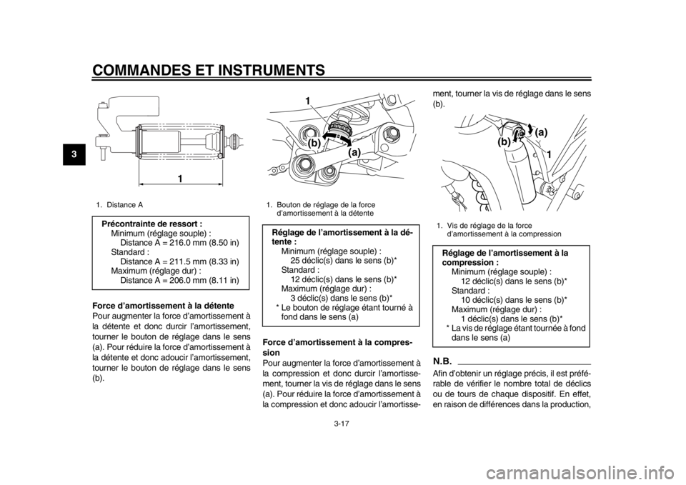 YAMAHA WR 250R 2015  Notices Demploi (in French) COMMANDES ET INSTRUMENTS
3-17
1
23
4
5
6
7
8
9
10
11
12
Force d’amortissement à la détente
Pour augmenter la force d’amortissement à
la détente et donc durcir l’amortissement,
tourner le bou