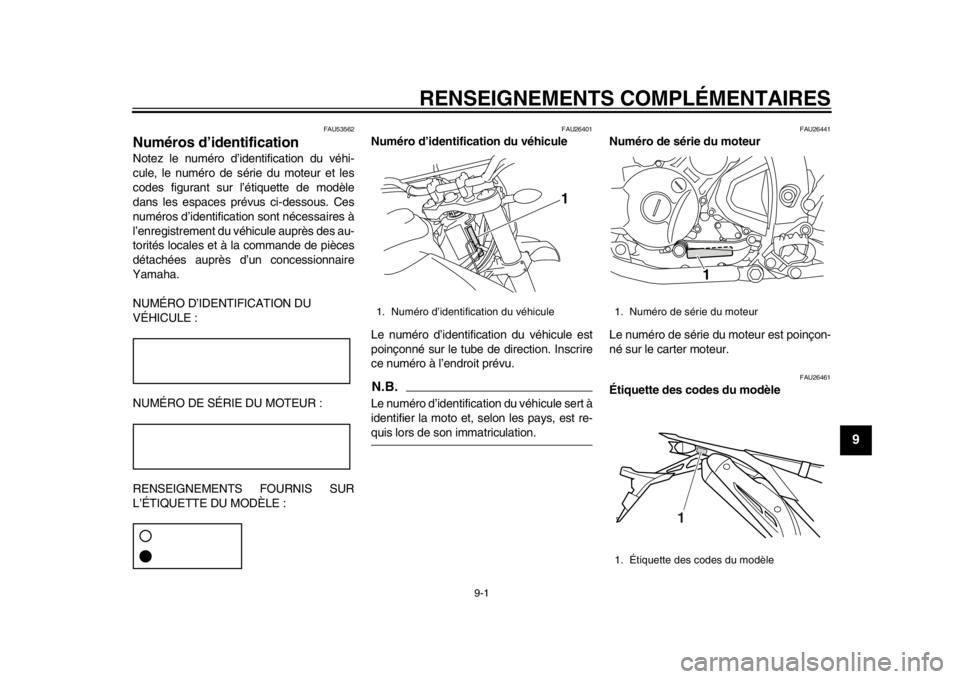 YAMAHA WR 250R 2015  Notices Demploi (in French) 9-1
1
2
3
4
5
6
7
8910
11
12
RENSEIGNEMENTS COMPLÉMENTAIRES
FAU53562
Numéros d’identificationNotez le numéro d’identification du véhi-
cule, le numéro de série du moteur et les
codes figuran