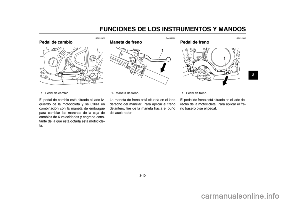 YAMAHA WR 250R 2014 Manuale de Empleo (in Spanish) FUNCIONES DE LOS INSTRUMENTOS Y MANDOS
3-10
234
5
6
7
8
9
SAU12872
Pedal de cambioEl pedal de cambio está situado al lado iz-
quierdo de la motocicleta y se utiliza en
combinación con la maneta de e YAMAHA WR 250R 2014 Manuale de Empleo (in Spanish) FUNCIONES DE LOS INSTRUMENTOS Y MANDOS
3-10
234
5
6
7
8
9
SAU12872
Pedal de cambioEl pedal de cambio está situado al lado iz-
quierdo de la motocicleta y se utiliza en
combinación con la maneta de e