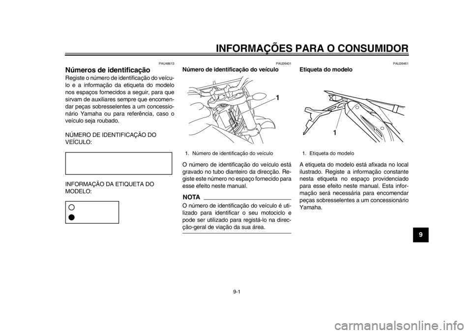 YAMAHA WR 250R 2014 Manual de utilização (in Portuguese) 9-1
2
3
4
5
6
7
89
INFORMAÇÕES PARA O CONSUMIDOR
PAU48613
Números de identificaçãoRegiste o número de identificação do veícu-
lo e a informação da etiqueta do modelo
nos espaços fornecidos YAMAHA WR 250R 2014 Manual de utilização (in Portuguese) 9-1
2
3
4
5
6
7
89
INFORMAÇÕES PARA O CONSUMIDOR
PAU48613
Números de identificaçãoRegiste o número de identificação do veícu-
lo e a informação da etiqueta do modelo
nos espaços fornecidos