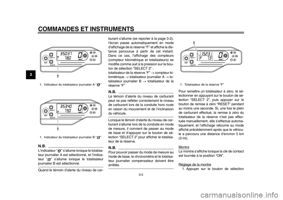 YAMAHA WR 250R 2013  Notices Demploi (in French) COMMANDES ET INSTRUMENTS
3-5
1
23
4
5
6
7
8
9
N.B.L’indicateur “ ” s’allume lorsque le totalisa-
teur journalier A est sélectionné, et l’indica-
teur “ ” s’allume lorsque le totalisa