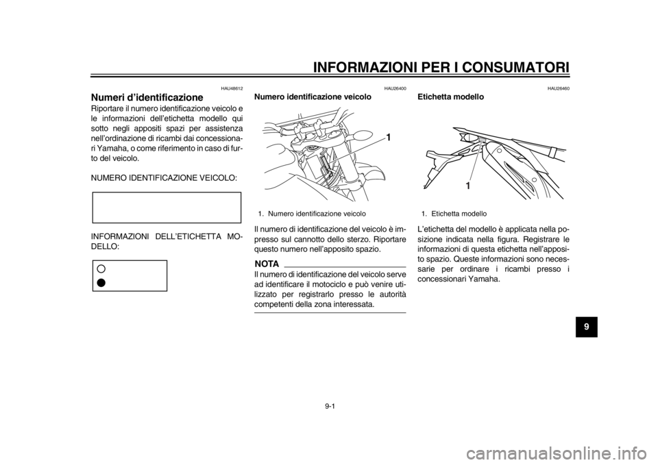 YAMAHA WR 250R 2013 Manuale duso (in Italian) 9-1
2
3
4
5
6
7
89
INFORMAZIONI PER I CONSUMATORI
HAU48612
Numeri d’identificazione Riportare il numero identificazione veicolo e
le informazioni dell’etichetta modello qui
sotto negli appositi sp YAMAHA WR 250R 2013 Manuale duso (in Italian) 9-1
2
3
4
5
6
7
89
INFORMAZIONI PER I CONSUMATORI
HAU48612
Numeri d’identificazione Riportare il numero identificazione veicolo e
le informazioni dell’etichetta modello qui
sotto negli appositi sp