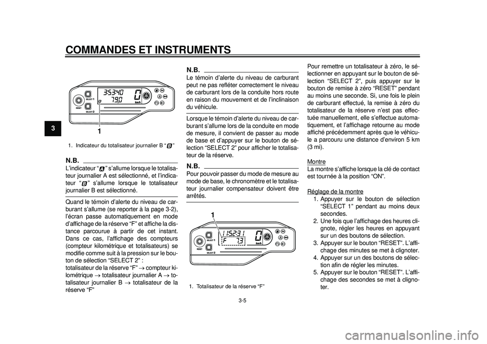 YAMAHA WR 250R 2012  Notices Demploi (in French) COMMANDES ET INSTRUMENTS
3-5
1
23
4
5
6
7
8
9
N.B.L’indicateur “ ” s’allume lorsque le totalisa-
teur journalier A est sélectionné, et l’indica-
teur “ ” s’allume lorsque le totalisa