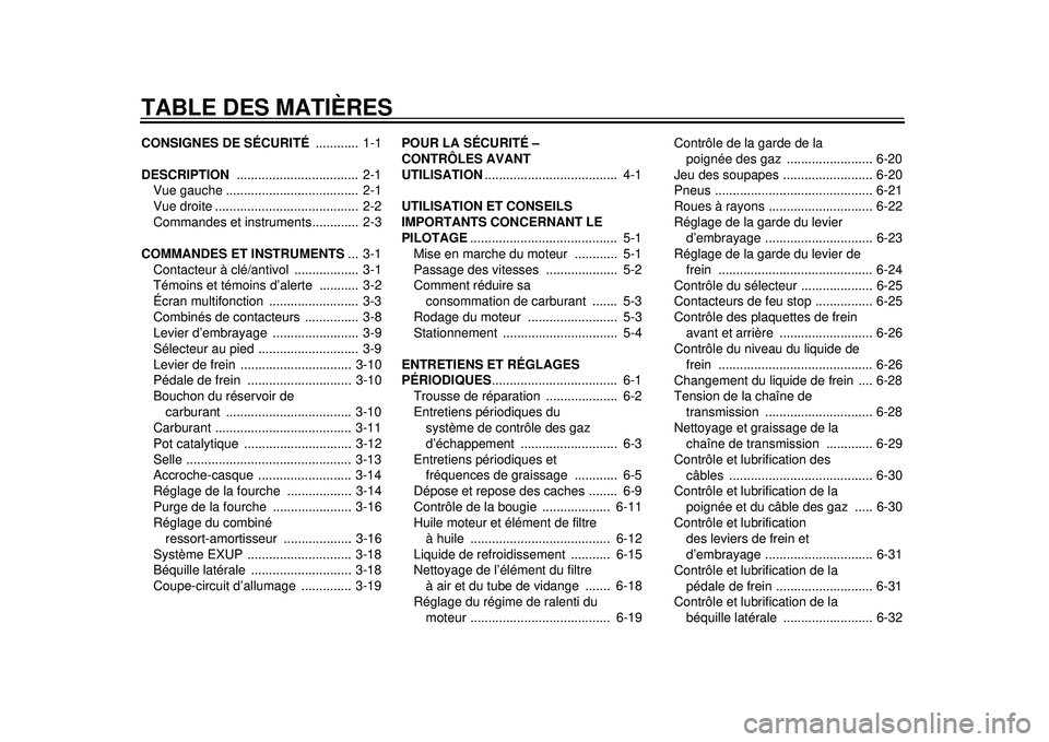 YAMAHA WR 250R 2012 Notices Demploi (in French) TABLE DES MATIÈRESCONSIGNES DE SÉCURITÉ ............ 1-1
DESCRIPTION .................................. 2-1
Vue gauche ..................................... 2-1
Vue droite ..................... YAMAHA WR 250R 2012 Notices Demploi (in French) TABLE DES MATIÈRESCONSIGNES DE SÉCURITÉ ............ 1-1
DESCRIPTION .................................. 2-1
Vue gauche ..................................... 2-1
Vue droite .....................