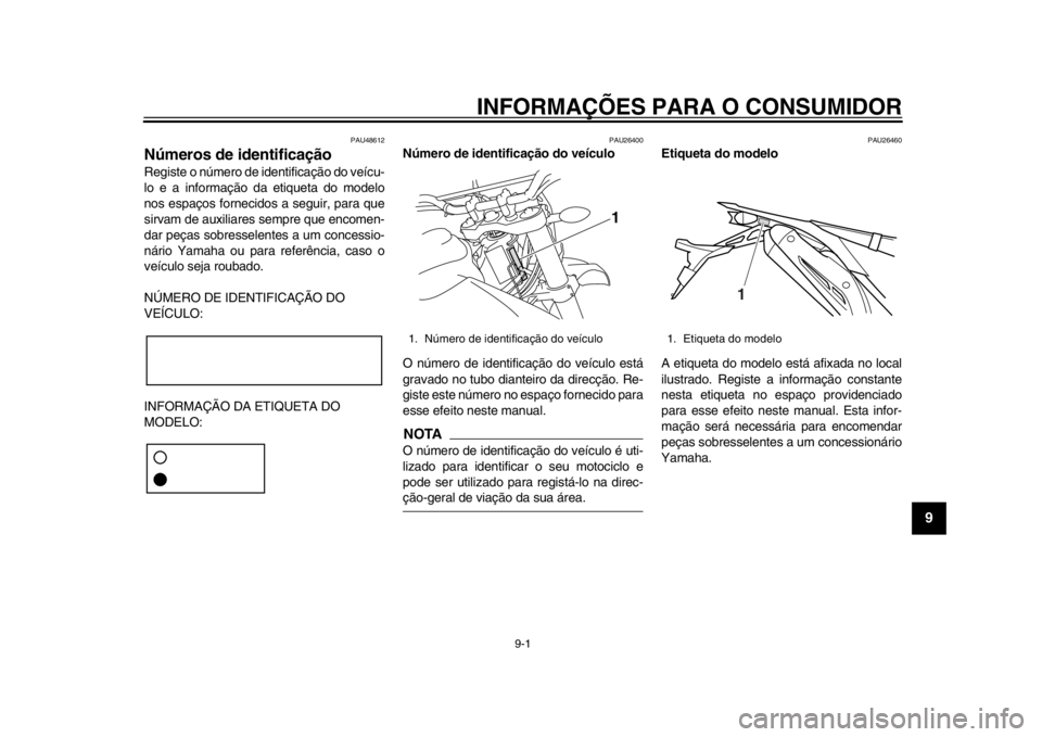 YAMAHA WR 250R 2012 Manual de utilização (in Portuguese) 9-1
2
3
4
5
6
7
89
INFORMAÇÕES PARA O CONSUMIDOR
PAU48612
Números de identificação Registe o número de identificação do veícu-
lo e a informação da etiqueta do modelo
nos espaços fornecido YAMAHA WR 250R 2012 Manual de utilização (in Portuguese) 9-1
2
3
4
5
6
7
89
INFORMAÇÕES PARA O CONSUMIDOR
PAU48612
Números de identificação Registe o número de identificação do veícu-
lo e a informação da etiqueta do modelo
nos espaços fornecido