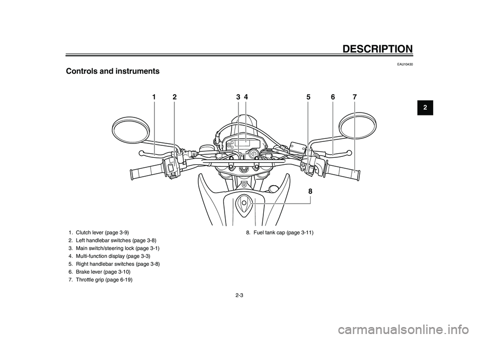YAMAHA WR 250R 2011 User Guide DESCRIPTION
2-3
23
4
5
6
7
8
9
EAU10430
Controls and instruments
12 34 5 6
8
7
1. Clutch lever (page 3-9)
2. Left handlebar switches (page 3-8)
3. Main switch/steering lock (page 3-1)
4. Multi-functio YAMAHA WR 250R 2011 User Guide DESCRIPTION
2-3
23
4
5
6
7
8
9
EAU10430
Controls and instruments
12 34 5 6
8
7
1. Clutch lever (page 3-9)
2. Left handlebar switches (page 3-8)
3. Main switch/steering lock (page 3-1)
4. Multi-functio