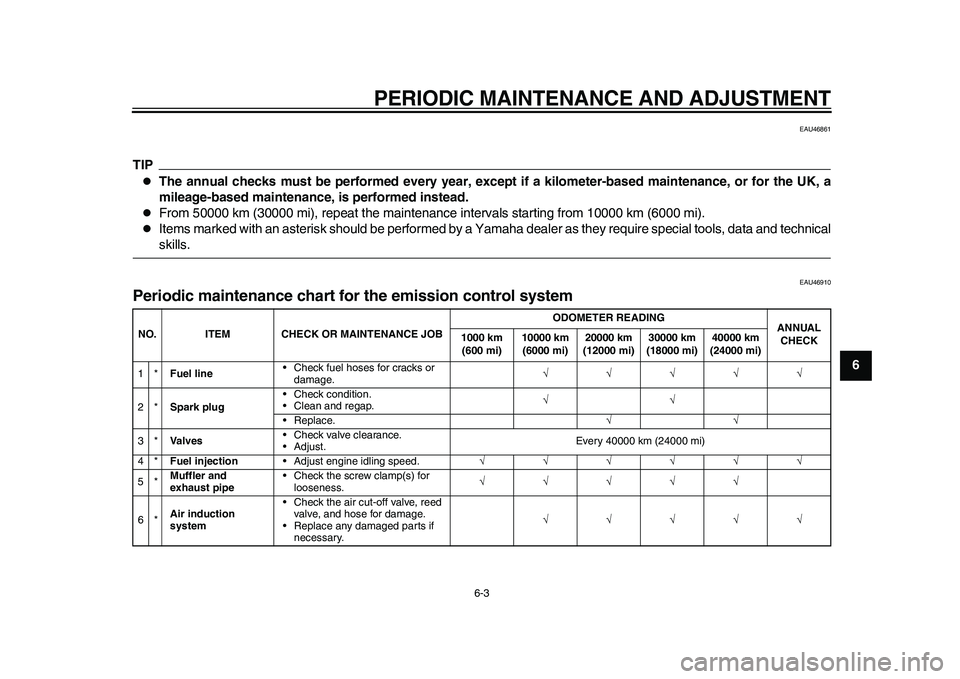 YAMAHA WR 250R 2011 Owners Manual PERIODIC MAINTENANCE AND ADJUSTMENT
6-3
2
3
4
567
8
9
EAU46861
TIP
The annual checks must be performed every year, except if a kilometer-based maintenance, or for the UK, a
mileage-based maintenanc YAMAHA WR 250R 2011 Owners Manual PERIODIC MAINTENANCE AND ADJUSTMENT
6-3
2
3
4
567
8
9
EAU46861
TIP
The annual checks must be performed every year, except if a kilometer-based maintenance, or for the UK, a
mileage-based maintenanc