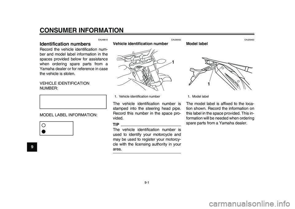 YAMAHA WR 250R 2011  Owners Manual 9-1
1
2
3
4
5
6
7
89
CONSUMER INFORMATION
EAU48612
Identification numbers Record the vehicle identification num-
ber and model label information in the
spaces provided below for assistance
when orderi