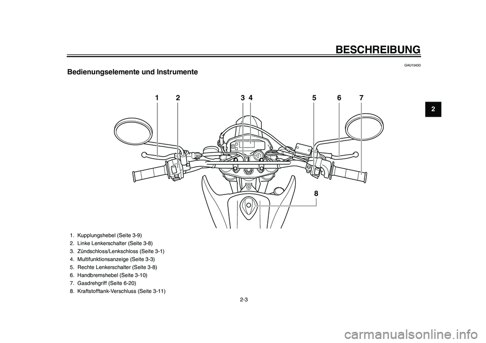 YAMAHA WR 250R 2011  Betriebsanleitungen (in German) BESCHREIBUNG
2-3
23
4
5
6
7
8
9
GAU10430
Bedienungselemente und Instrumente
12 34 5 6
8
7
1. Kupplungshebel (Seite 3-9)
2. Linke Lenkerschalter (Seite 3-8)
3. Zündschloss/Lenkschloss (Seite 3-1)
4. M