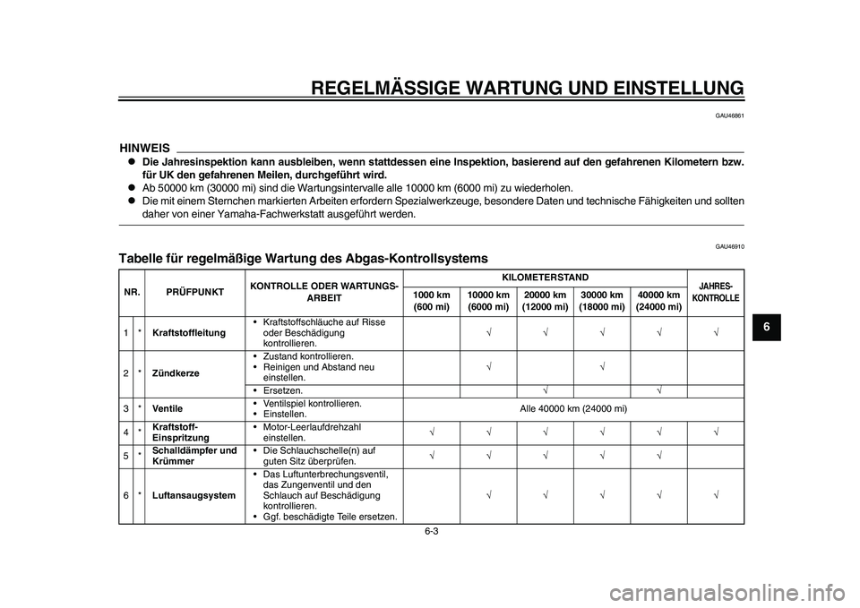 YAMAHA WR 250R 2011 Betriebsanleitungen (in German) REGELMÄSSIGE WARTUNG UND EINSTELLUNG
6-3
2
3
4
567
8
9
GAU46861
HINWEIS
Die Jahresinspektion kann ausbleiben, wenn stattdessen eine Inspektion, basierend auf den gefahrenen Kilometern bzw.
für UK YAMAHA WR 250R 2011 Betriebsanleitungen (in German) REGELMÄSSIGE WARTUNG UND EINSTELLUNG
6-3
2
3
4
567
8
9
GAU46861
HINWEIS
Die Jahresinspektion kann ausbleiben, wenn stattdessen eine Inspektion, basierend auf den gefahrenen Kilometern bzw.
für UK