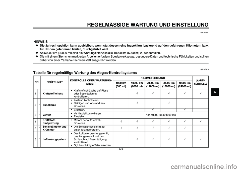 YAMAHA WR 250R 2011  Betriebsanleitungen (in German) REGELMÄSSIGE WARTUNG UND EINSTELLUNG
6-3
2
3
4
567
8
9
GAU46861
HINWEIS
Die Jahresinspektion kann ausbleiben, wenn stattdessen eine Inspektion, basierend auf den gefahrenen Kilometern bzw.
für UK