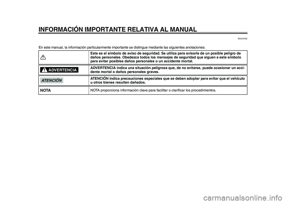 YAMAHA WR 250R 2011  Manuale de Empleo (in Spanish) INFORMACIÓN IMPORTANTE RELATIVA AL MANUAL
SAU10132
En este manual, la información particularmente importante se distingue mediante las siguientes anotaciones:
Este es el símbolo de aviso de segurid