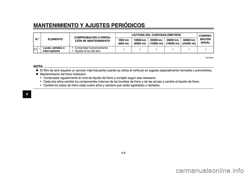 YAMAHA WR 250R 2011  Manuale de Empleo (in Spanish) MANTENIMIENTO Y AJUSTES PERIÓDICOS
6-8
1
2
3
4
56
7
8
9
SAU18670
NOTA
El filtro de aire requiere un servicio más frecuente cuando se utiliza el vehículo en lugares especialmente húmedos o polvo