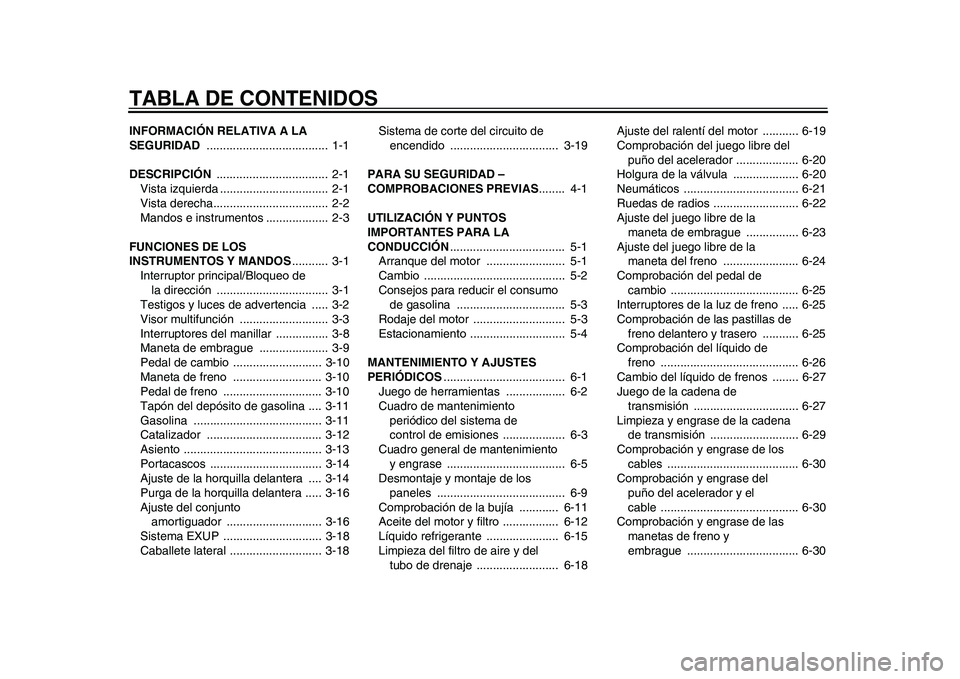 YAMAHA WR 250R 2011 Manuale de Empleo (in Spanish) TABLA DE CONTENIDOSINFORMACIÓN RELATIVA A LA
SEGURIDAD ..................................... 1-1
DESCRIPCIÓN .................................. 2-1
Vista izquierda ............................... YAMAHA WR 250R 2011 Manuale de Empleo (in Spanish) TABLA DE CONTENIDOSINFORMACIÓN RELATIVA A LA
SEGURIDAD ..................................... 1-1
DESCRIPCIÓN .................................. 2-1
Vista izquierda ...............................
