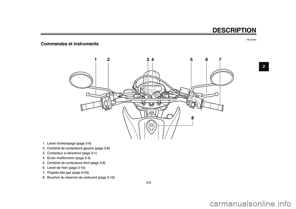 YAMAHA WR 250R 2011 Notices Demploi (in French) DESCRIPTION
2-3
23
4
5
6
7
8
9
FAU10430
Commandes et instruments
12 34 5 6
8
7
1. Levier d’embrayage (page 3-9)
2. Combiné de contacteurs gauche (page 3-8)
3. Contacteur à clé/antivol (page 3-1)
YAMAHA WR 250R 2011 Notices Demploi (in French) DESCRIPTION
2-3
23
4
5
6
7
8
9
FAU10430
Commandes et instruments
12 34 5 6
8
7
1. Levier d’embrayage (page 3-9)
2. Combiné de contacteurs gauche (page 3-8)
3. Contacteur à clé/antivol (page 3-1)