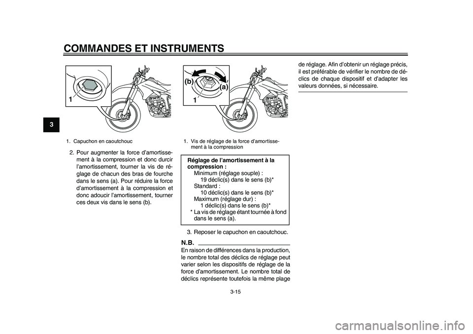 YAMAHA WR 250R 2011  Notices Demploi (in French) COMMANDES ET INSTRUMENTS
3-15
1
23
4
5
6
7
8
9
2. Pour augmenter la force d’amortisse-
ment à la compression et donc durcir
l’amortissement, tourner la vis de ré-
glage de chacun des bras de fou