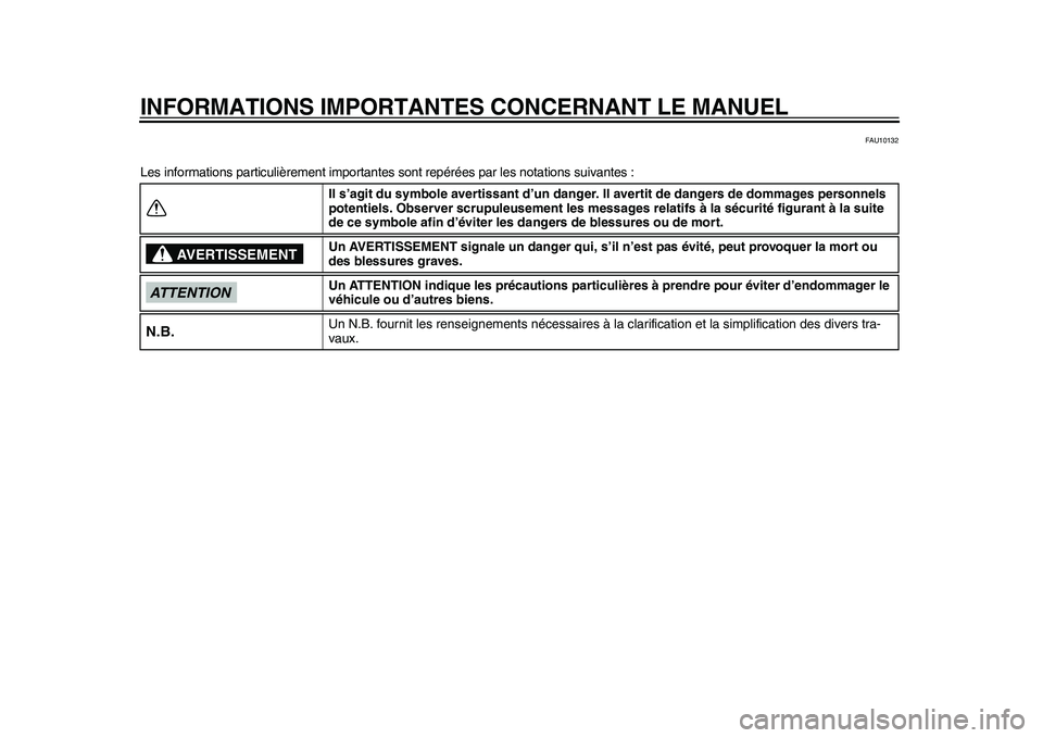 YAMAHA WR 250R 2011  Notices Demploi (in French) INFORMATIONS IMPORTANTES CONCERNANT LE MANUEL
FAU10132
Les informations particulièrement importantes sont repérées par les notations suivantes :
Il s’agit du symbole avertissant d’un danger. Il