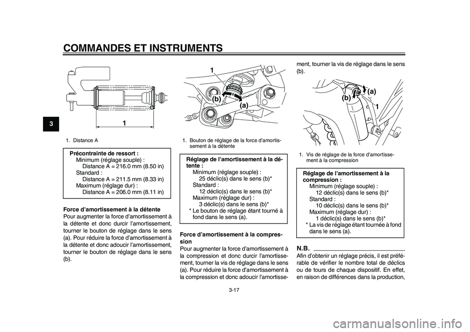 YAMAHA WR 250R 2011  Notices Demploi (in French) COMMANDES ET INSTRUMENTS
3-17
1
23
4
5
6
7
8
9
Force d’amortissement à la détente
Pour augmenter la force d’amortissement à
la détente et donc durcir l’amortissement,
tourner le bouton de r