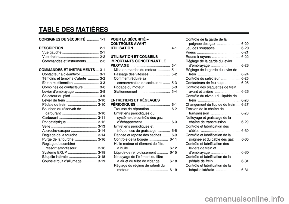 YAMAHA WR 250R 2011  Notices Demploi (in French) TABLE DES MATIÈRESCONSIGNES DE SÉCURITÉ ............  1-1
DESCRIPTION ..................................  2-1
Vue gauche .....................................  2-1
Vue droite ......................