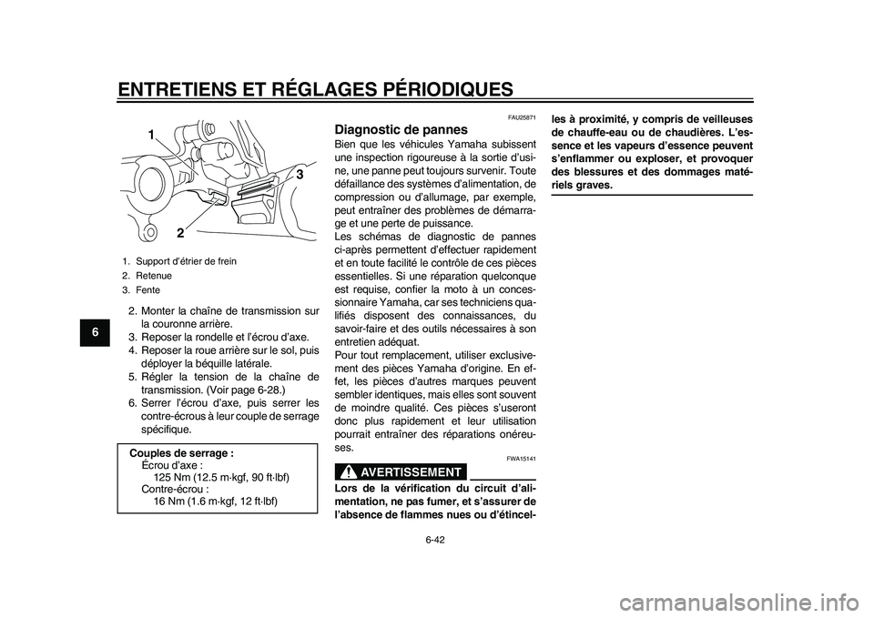 YAMAHA WR 250R 2011 Notices Demploi (in French) ENTRETIENS ET RÉGLAGES PÉRIODIQUES
6-42
1
2
3
4
56
7
8
9
2. Monter la chaîne de transmission sur
la couronne arrière.
3. Reposer la rondelle et l’écrou d’axe.
4. Reposer la roue arrière sur YAMAHA WR 250R 2011 Notices Demploi (in French) ENTRETIENS ET RÉGLAGES PÉRIODIQUES
6-42
1
2
3
4
56
7
8
9
2. Monter la chaîne de transmission sur
la couronne arrière.
3. Reposer la rondelle et l’écrou d’axe.
4. Reposer la roue arrière sur