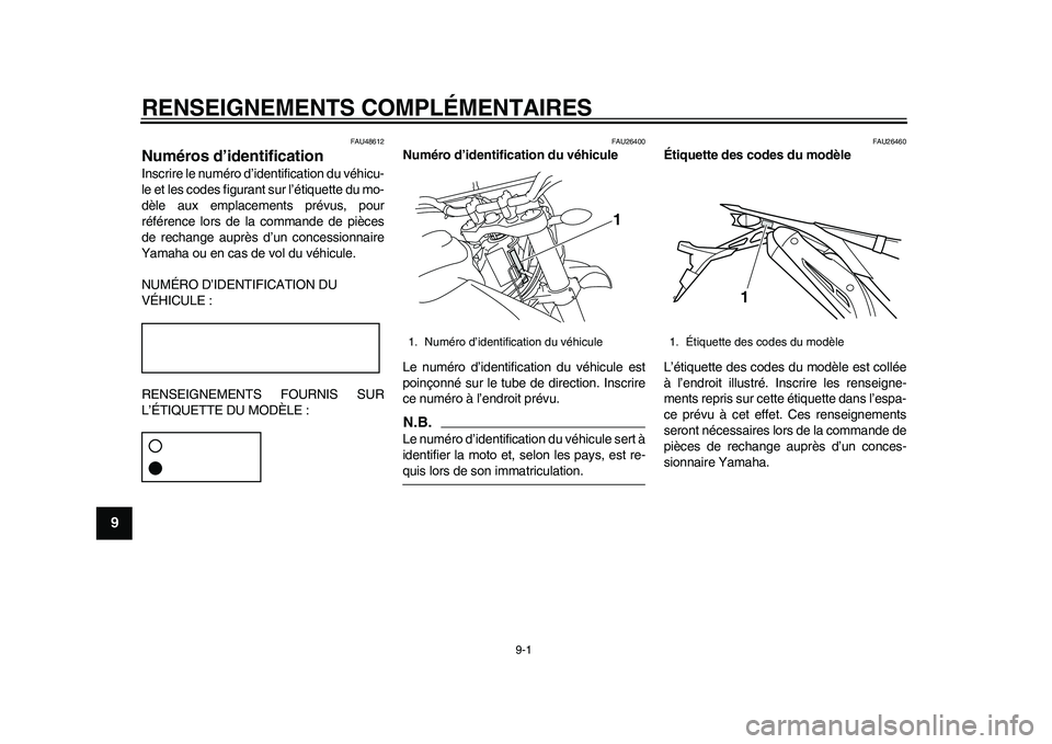 YAMAHA WR 250R 2011  Notices Demploi (in French) 9-1
1
2
3
4
5
6
7
89
RENSEIGNEMENTS COMPLÉMENTAIRES
FAU48612
Numéros d’identification Inscrire le numéro d’identification du véhicu-
le et les codes figurant sur l’étiquette du mo-
dèle au