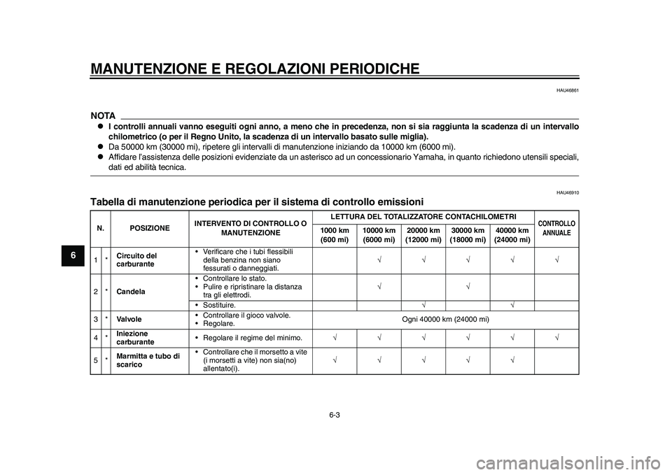 YAMAHA WR 250R 2011 Manuale duso (in Italian) MANUTENZIONE E REGOLAZIONI PERIODICHE
6-3
1
2
3
4
56
7
8
9
HAU46861
NOTA
I controlli annuali vanno eseguiti ogni anno, a meno che in precedenza, non si sia raggiunta la scadenza di un intervallo
ch YAMAHA WR 250R 2011 Manuale duso (in Italian) MANUTENZIONE E REGOLAZIONI PERIODICHE
6-3
1
2
3
4
56
7
8
9
HAU46861
NOTA
I controlli annuali vanno eseguiti ogni anno, a meno che in precedenza, non si sia raggiunta la scadenza di un intervallo
ch