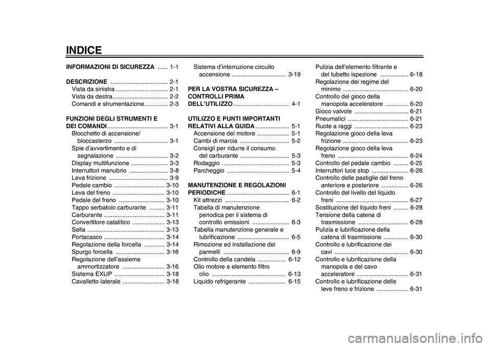 YAMAHA WR 250R 2011  Manuale duso (in Italian) INDICEINFORMAZIONI DI SICUREZZA ......  1-1
DESCRIZIONE ..................................  2-1
Vista da sinistra ...............................  2-1
Vista da destra................................. 