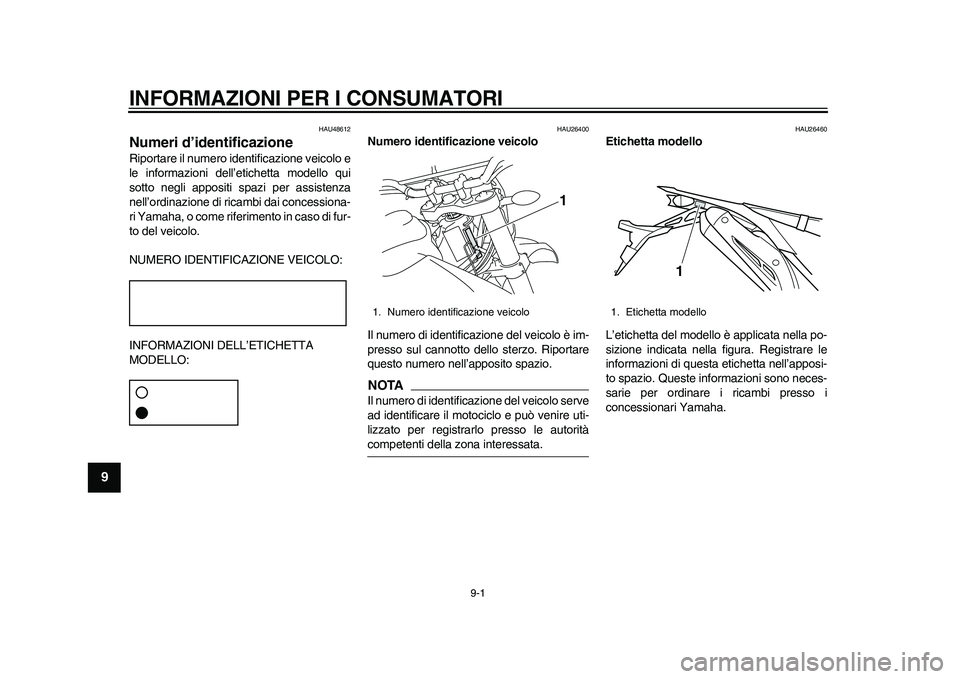 YAMAHA WR 250R 2011  Manuale duso (in Italian) 9-1
1
2
3
4
5
6
7
89
INFORMAZIONI PER I CONSUMATORI
HAU48612
Numeri d’identificazione Riportare il numero identificazione veicolo e
le informazioni dell’etichetta modello qui
sotto negli appositi 