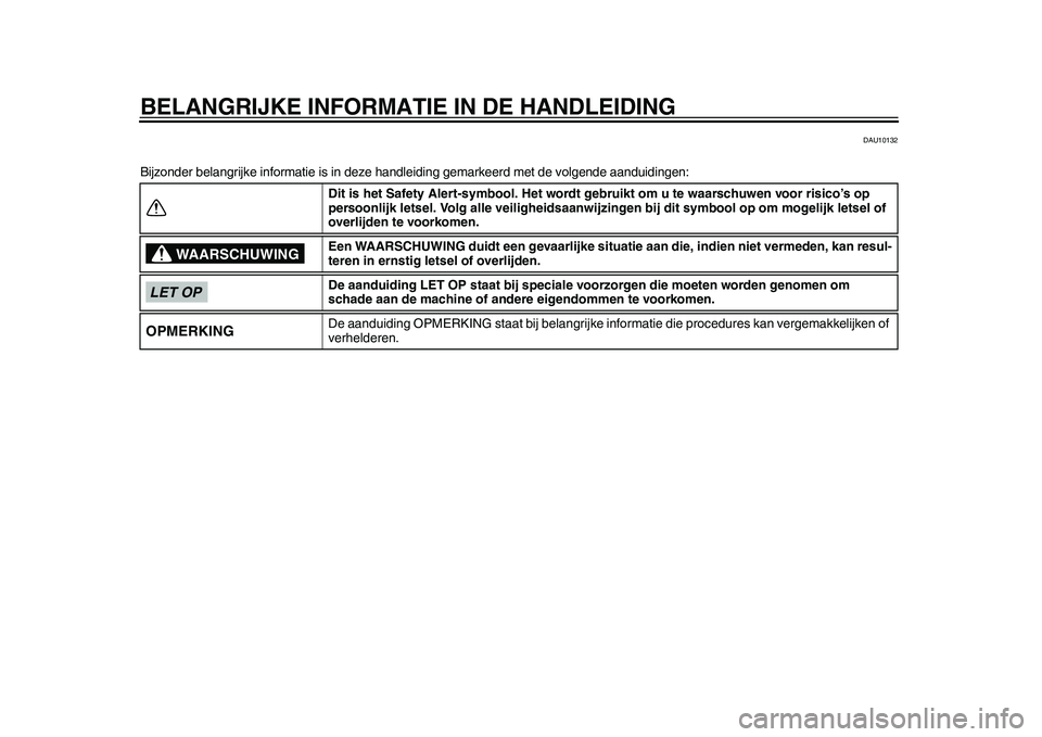 YAMAHA WR 250R 2011  Instructieboekje (in Dutch) BELANGRIJKE INFORMATIE IN DE HANDLEIDING
DAU10132
Bijzonder belangrijke informatie is in deze handleiding gemarkeerd met de volgende aanduidingen:
Dit is het Safety Alert-symbool. Het wordt gebruikt o