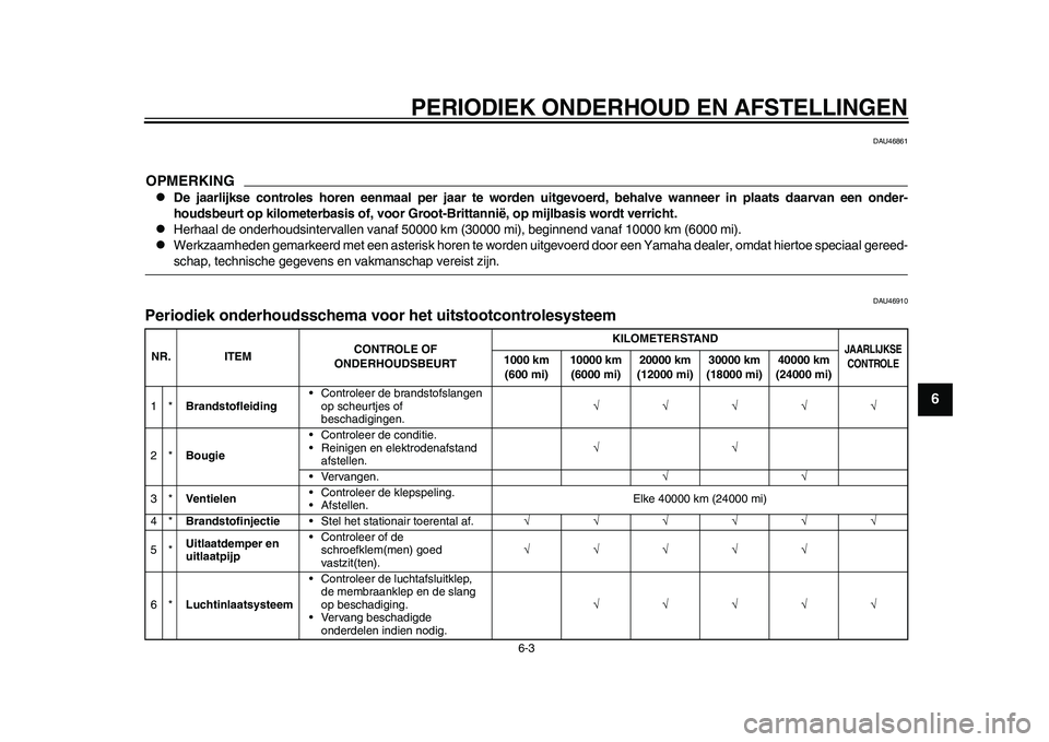 YAMAHA WR 250R 2011  Instructieboekje (in Dutch) PERIODIEK ONDERHOUD EN AFSTELLINGEN
6-3
2
3
4
567
8
9
DAU46861
OPMERKING
De jaarlijkse controles horen eenmaal per jaar te worden uitgevoerd, behalve wanneer in plaats daarvan een onder-
houdsbeurt